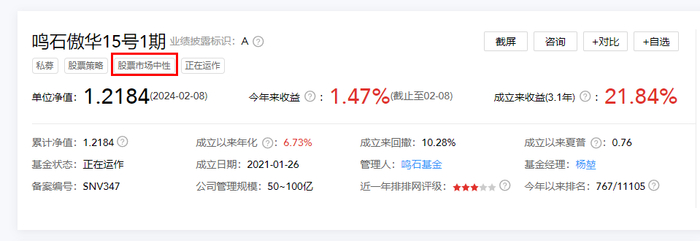 鸣石基金旗下中性代表产品 数据来源：私募排排网