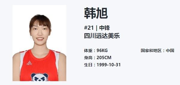 韩旭出生于1999年,根据wcba官网显示,韩旭身高205cm,体重96kg