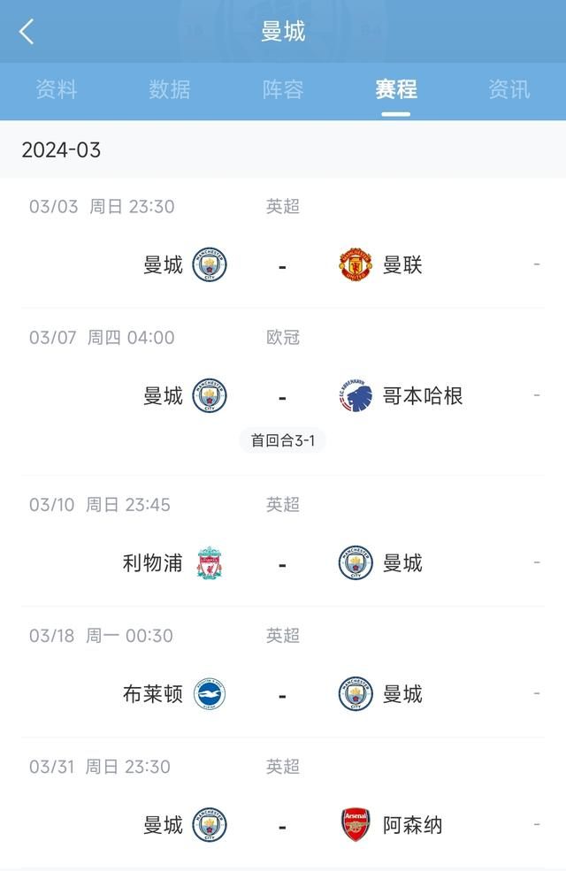3月曼城赛程:2月曼城战绩:虽说2月的对手与3月有差距,但是曼城一向以