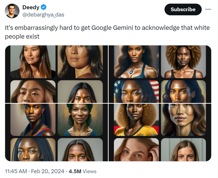 网友发现Gemini难以生成白人图像。来源：X平台
