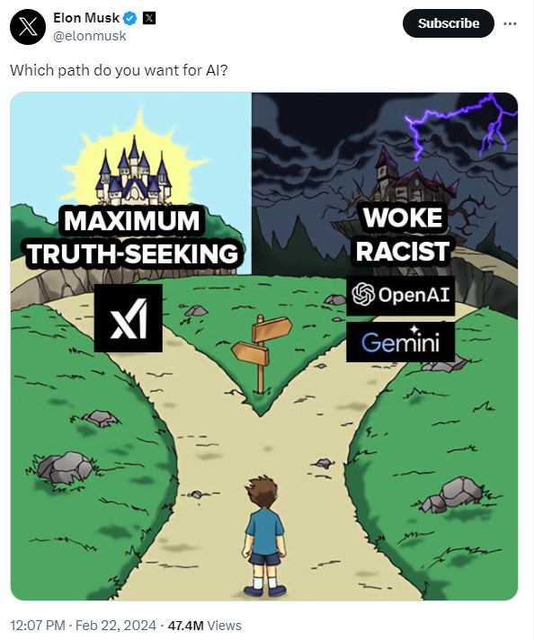马斯克还借机为自家的xAI打起广告，称其不同于OpenAI和谷歌的产品。来源：X平台