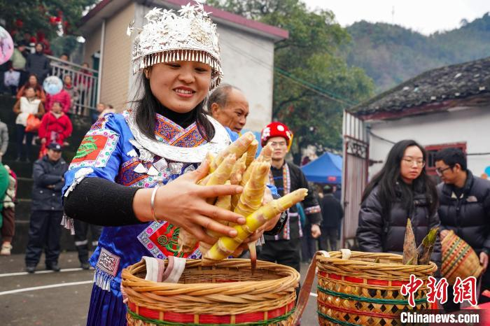 身穿民族服饰的青年们正在剥竹笋