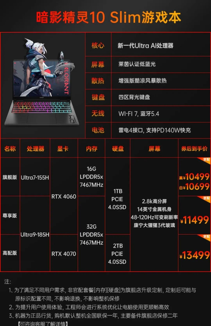 惠普暗影精灵 10 slim 14 游戏本新增 32g 内存版,搭载 ultra9-185h