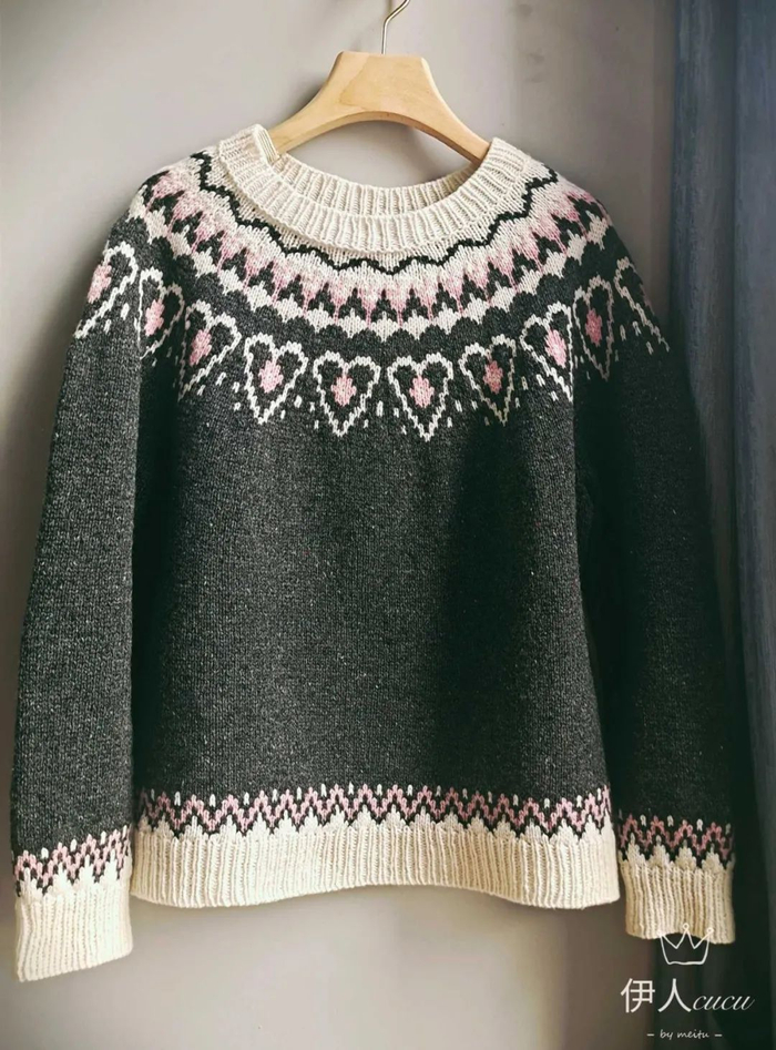 新年织新衣 | 高级感爱心粉费尔岛提花毛衣,(附图解)