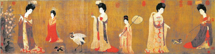 唐朝画家周昉《簪花仕女图》,辽宁省博物馆藏.