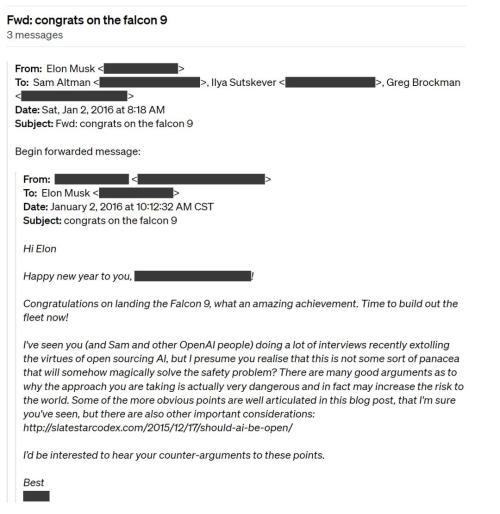 2018年2月上旬,elon向openai转发了一封电子邮件,建议openai应该"将