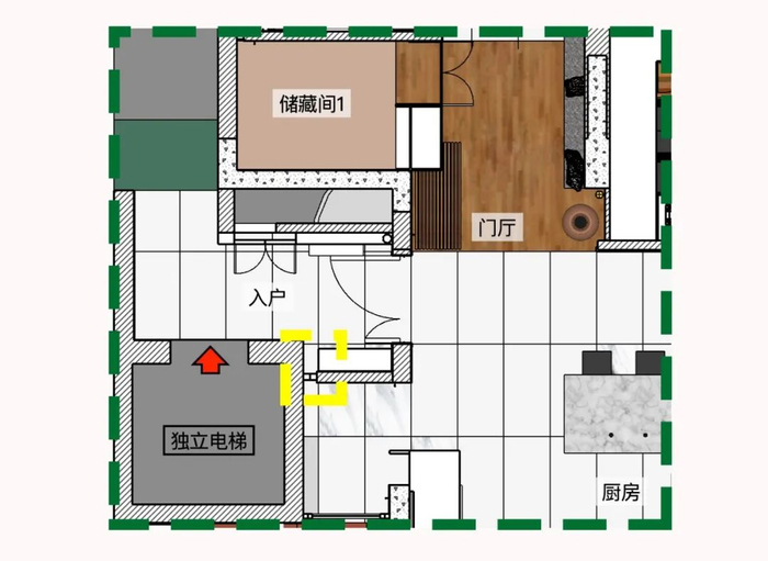 楼道:凿壁偷光,让电梯间与室内关联楼道没有任何采光,大门被换成了