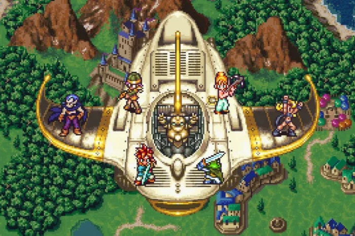 来自不同时代的战士们乘坐于鸟山明设计的时光机（画面来自2018年移植的PC版本）