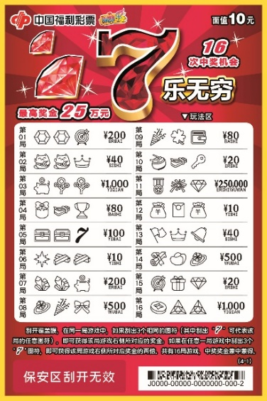 刮刮乐7乐无穷10元16次中奖机会最高奖金25万元
