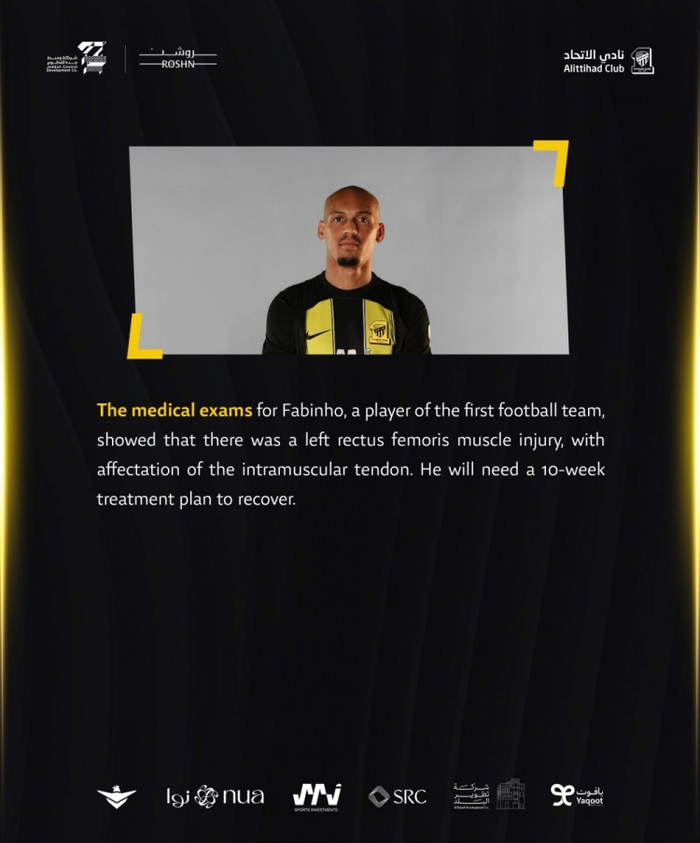 吉达联合官方:法比尼奥左腿股直肌受伤,预计需要10周