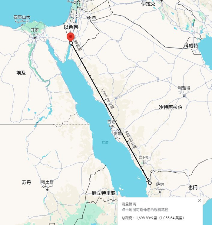 胡塞控制区距离以色列南部埃拉特直线距离超1600km 图片来源:谷歌地图