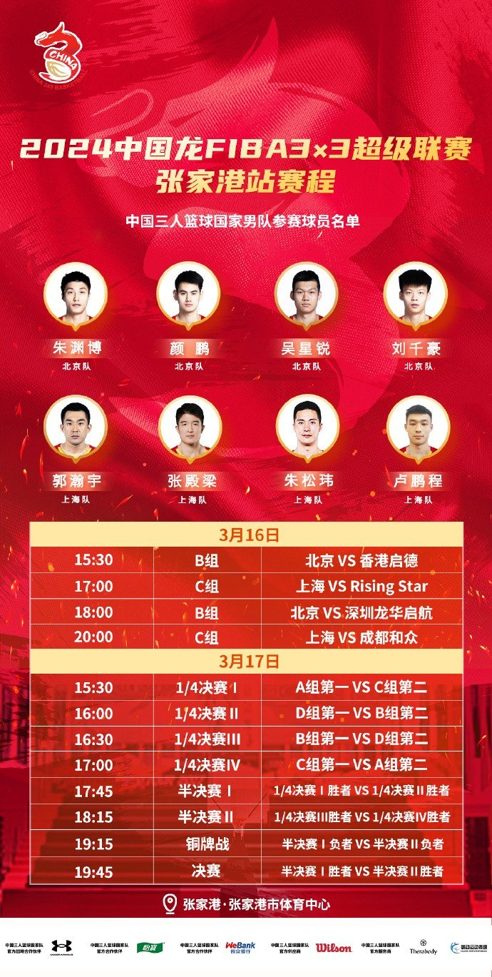 中国三人篮球国家男队将派出北京队(朱渊博,颜鹏,吴星锐,刘千豪)和