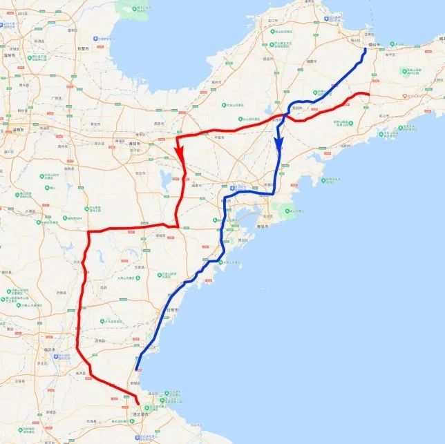 1,由烟台驶往连云港方向的车辆,经s16荣潍高速,s21新董高速,g22青兰