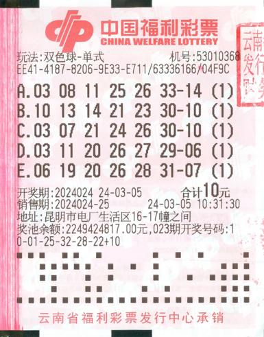 双色球第2024024期,1注头奖降落昆明市电厂生活区16-17幢之间53010368