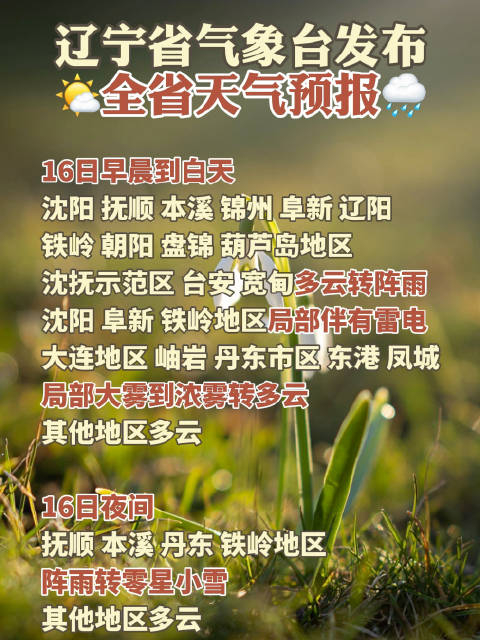 辽宁省气象台3月16日6时发布全省天气预报16日早晨到白天