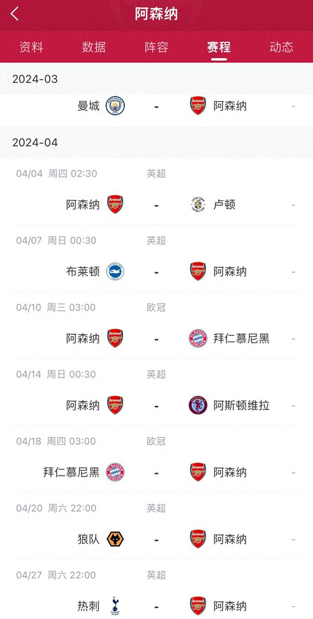 魔鬼赛程阿森纳即将接连面对曼城拜仁维拉热刺等队