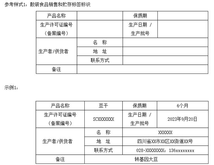 此外,《规范》还提供了散装食品销售和贮存标签标识参考样式和示例