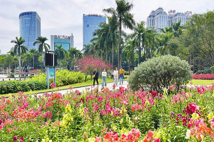 市民游客在南湖公园观赏金鱼草。本报记者潘浩 摄