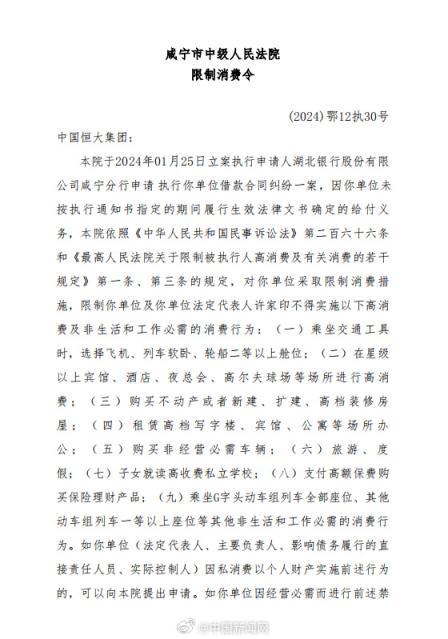 法院向中国恒大集团和许家印发出限制消费令