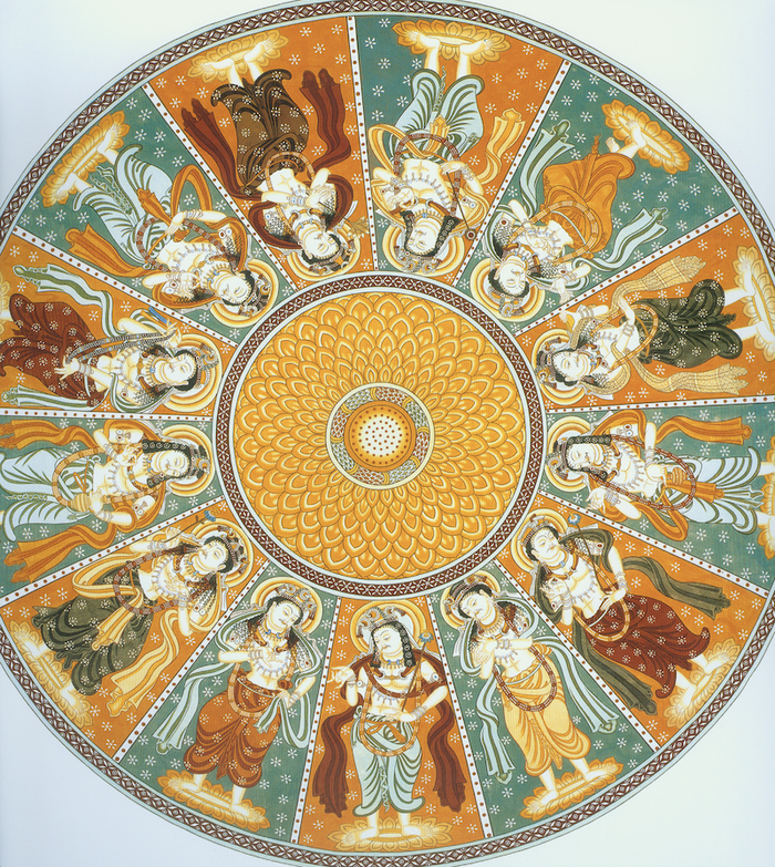 的方形窟,但穹窿顶壁画全景清晰可见,穹窿顶中央绘画有五重瓣莲花一朵