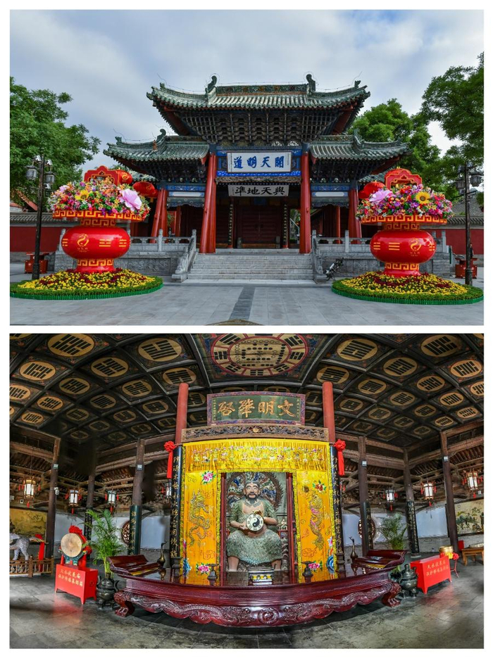 走进伏羲庙,参天古柏掩映中,一尊高达3米的明代伏羲造像端坐大殿正中
