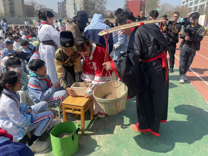 学生们把土壤倒进班级种植袋和校园菜地土壤收集盒。新京报记者 冯琪 摄