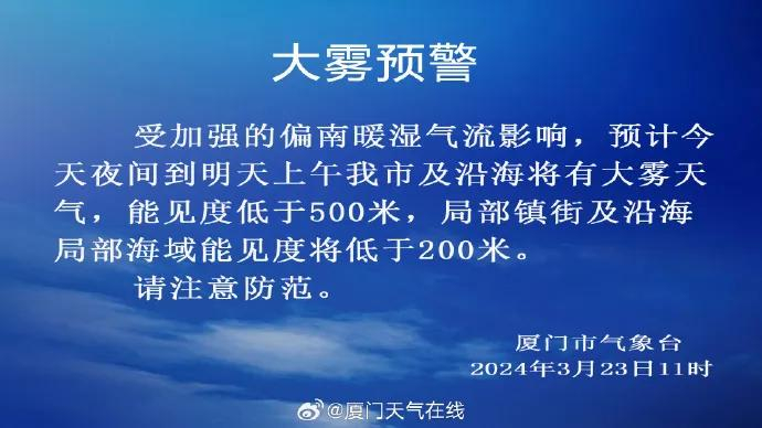 大雾预警发布大雾预警厦门市气象台今日11时局部地区有阵