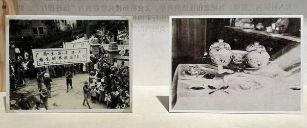 展览现场，左：上海公共租界的霍乱普及活动，1932年；右：伍连德设计的分餐制餐台，1915年