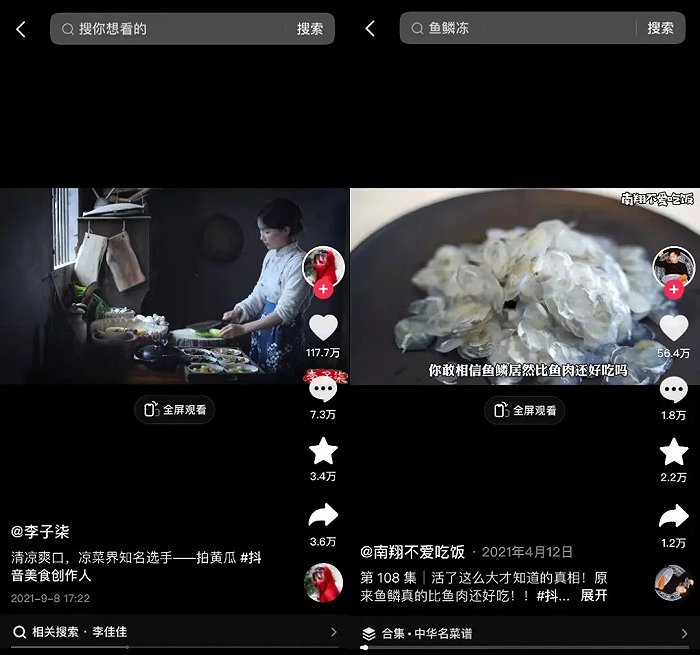 （@李子柒，@南翔不爱吃饭（图源：抖音）