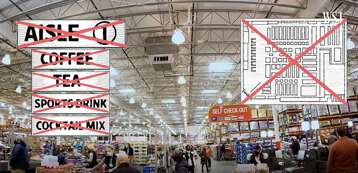Costco没有过道标识和商场地图；图片来源：Wall Street Journal