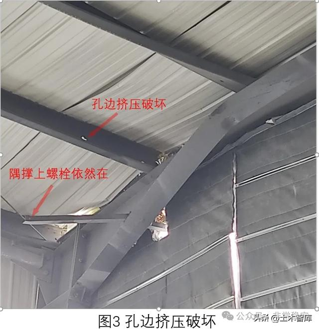 图3中为2021年通辽大雪中,某轻钢厂房屋面破坏的情况,可以看出,隅撑和