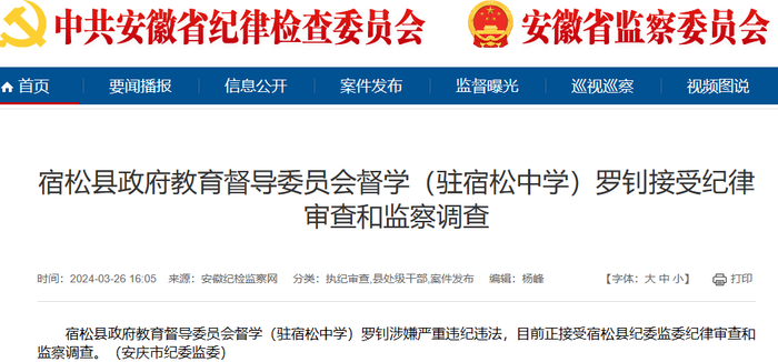 宿松县政府教育督导委员会督学(驻宿松中学)罗钊涉嫌严重违纪违法