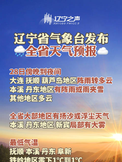 辽宁省气象台3月28日17时发布全省天气预报28日傍晚到夜间