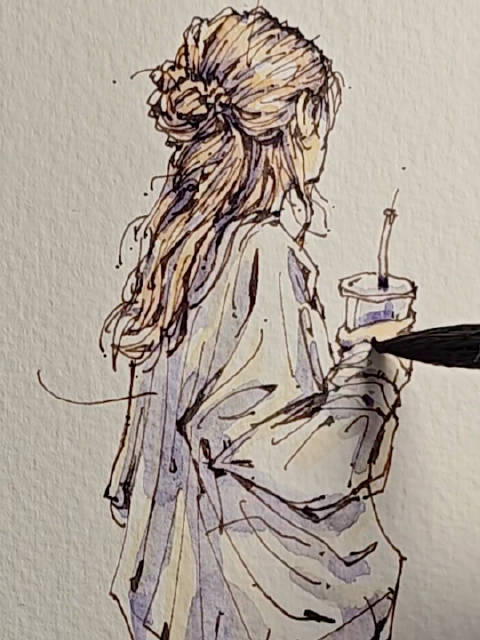 钢笔线条与水彩画女生侧身