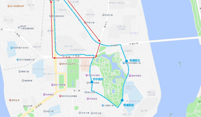 八一路,跃进路,三中路,白沙大道,壶东大桥后按调整线路返回雀儿山公园
