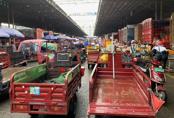 ▲海口市南北水果批发市场内转运水果的三轮车。受访者供图