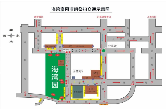 具体来说,"滨海古园"外围的随塘河路,瓦洪公路,五四公路,"海湾寝园"
