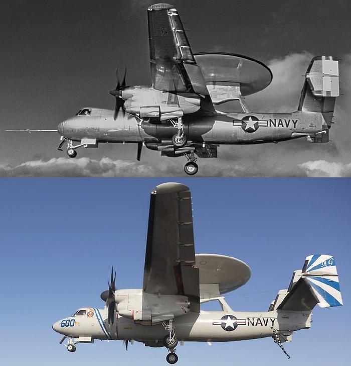 可以明显看出，相比W2F-1（上）早期原型机，现在的E-2“鹰眼”（下）通过增大下半部分垂尾安定面面积以提升飞行品质