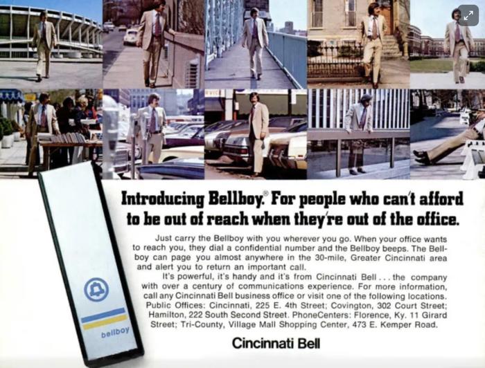 第一台消费型寻呼机Bellboy的杂志广告，突出强调它广泛的应用场景