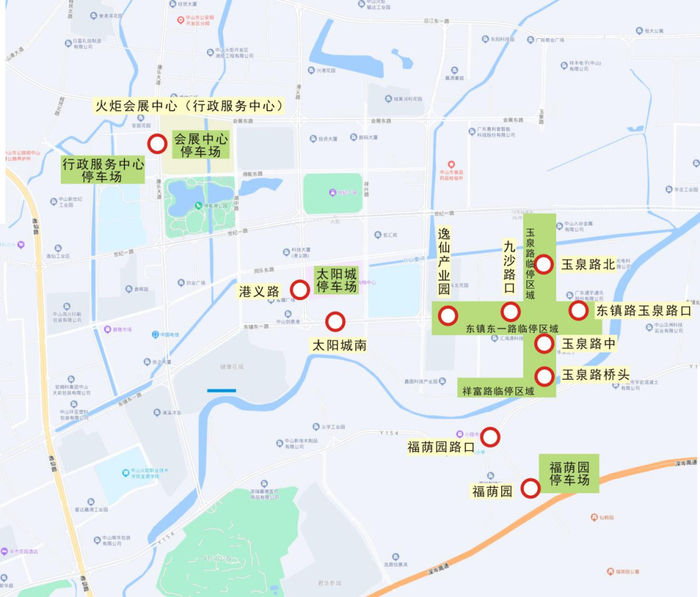 火炬开发区公交接驳专线乘车点及周边停车场示意图运行期间,市民乘客