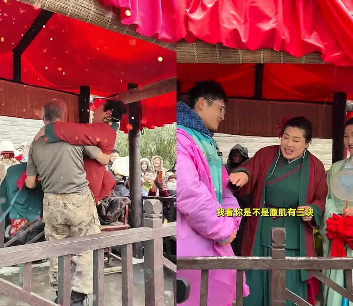 王婆与两位网红的互动，图源：抖音截图