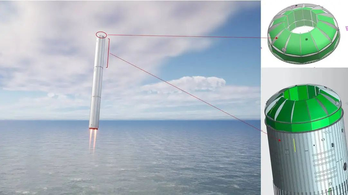 ▲箭元科技提供的设计图显示，试验火箭的货运仓位于箭体头段