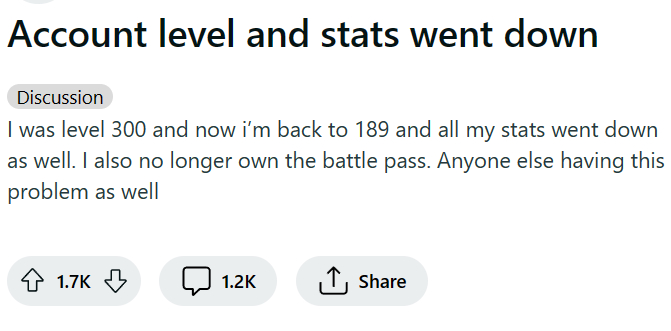 300级掉到189级，过往数据丢失，通行证还没了