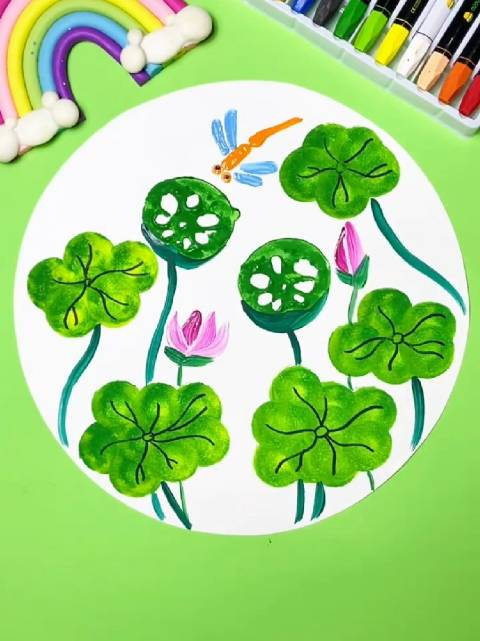 莲藕画莲蓬幼儿园宝宝也能画的简单水粉创意画