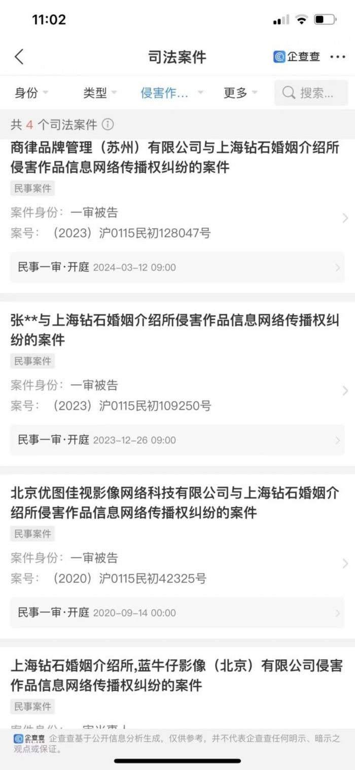 上海钻石婚姻介绍所因侵害他人作品信息网络传播权被起诉。 来源：企查查工商信息