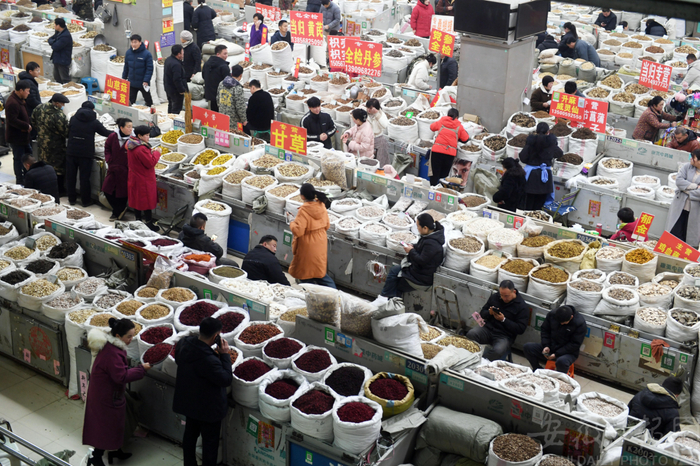 资料图：药商在亳州中药材专业市场内选购药材。（张延林 摄）
