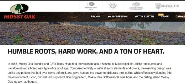 Mossy Oak品牌网站介绍截图，品牌LOGO也与网传图片一致。