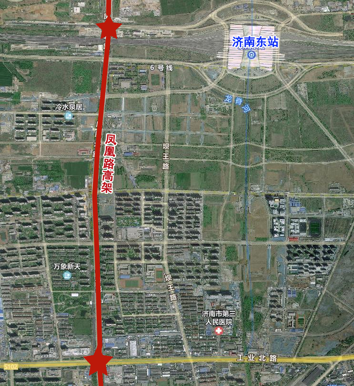 （工业北立交、济南东站立交位置示意图）
