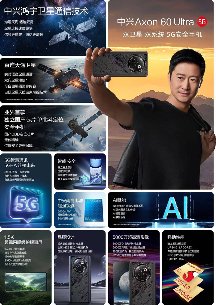 中兴axon60ultra手机发布鸿宇天通双卫星6000mah电池