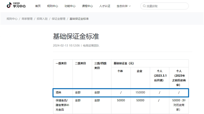 ▎抖音关于对酒水类目保证金的规定（图源：抖音学习中心）